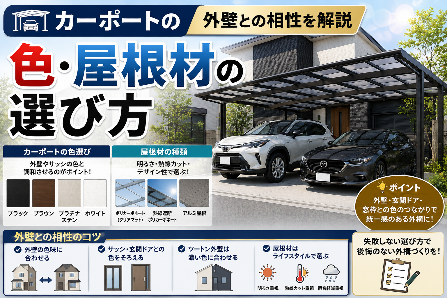 カーポートの色・屋根材の選び方-外壁との相性を解説