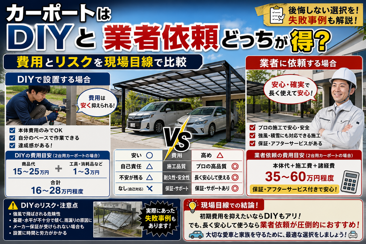 カーポートはDIYと業者依頼どっちが得？費用とリスクを現場目線で比較