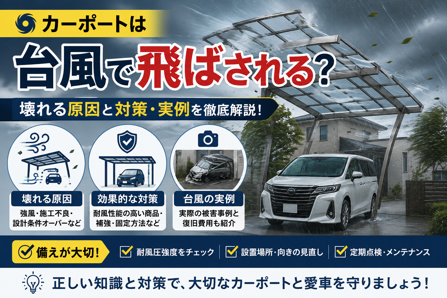 カーポートは台風で飛ばされる壊れる原因と対策実例
