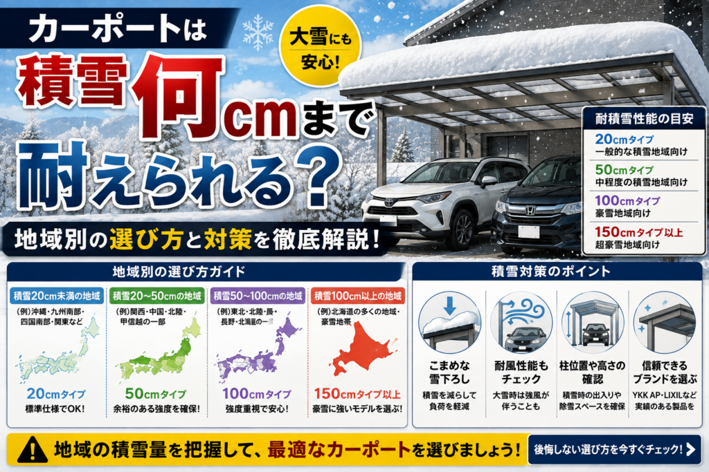 カーポートは積雪何cmまで耐えられる？地域別の選び方と対策