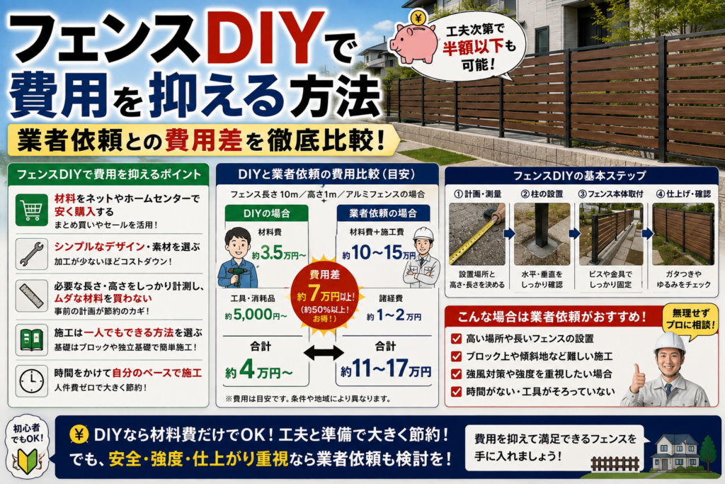 フェンスDIYで費用を抑える方法-業者依頼との費用差を徹底比較