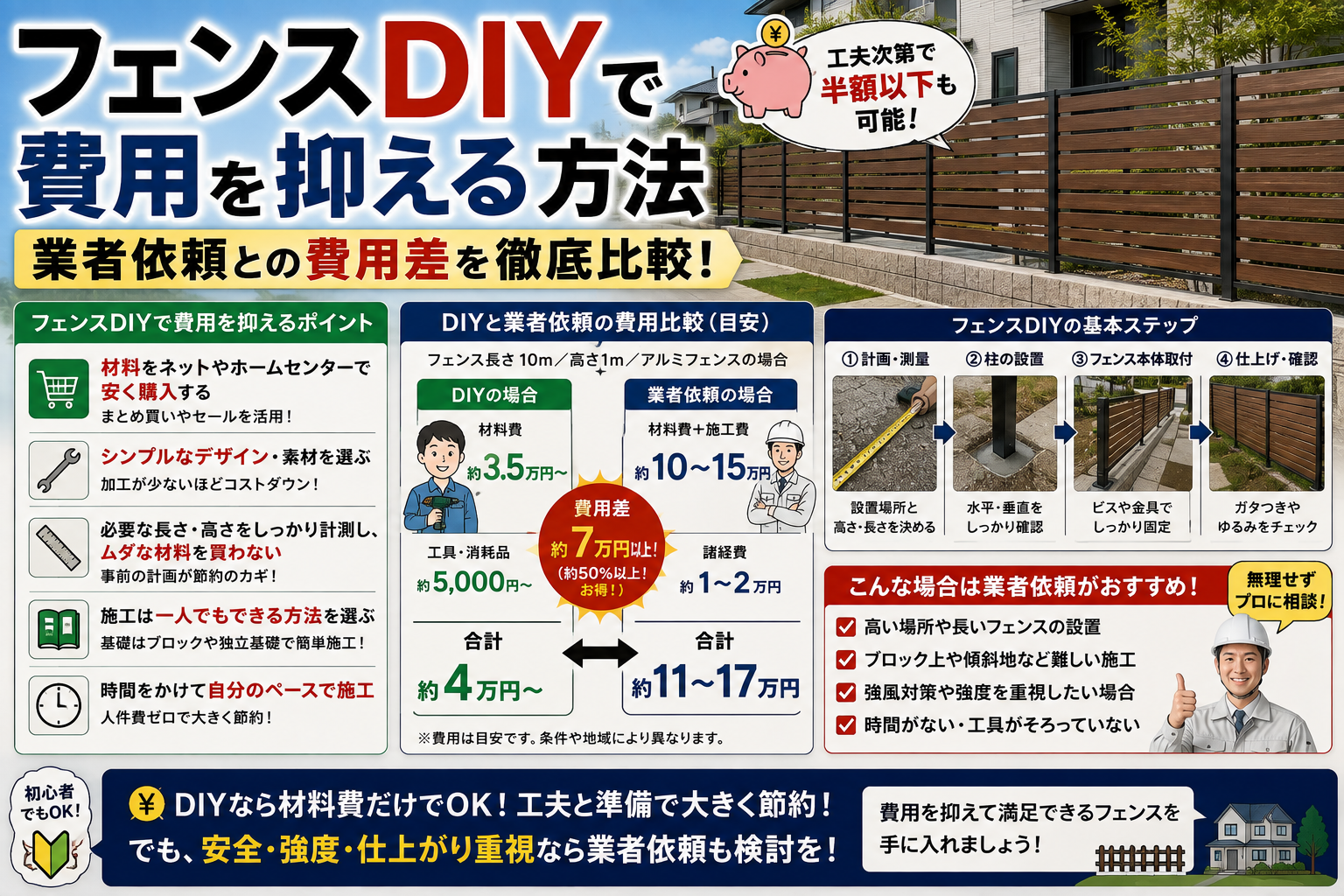フェンスDIYで費用を抑える方法-業者依頼との費用差を徹底比較
