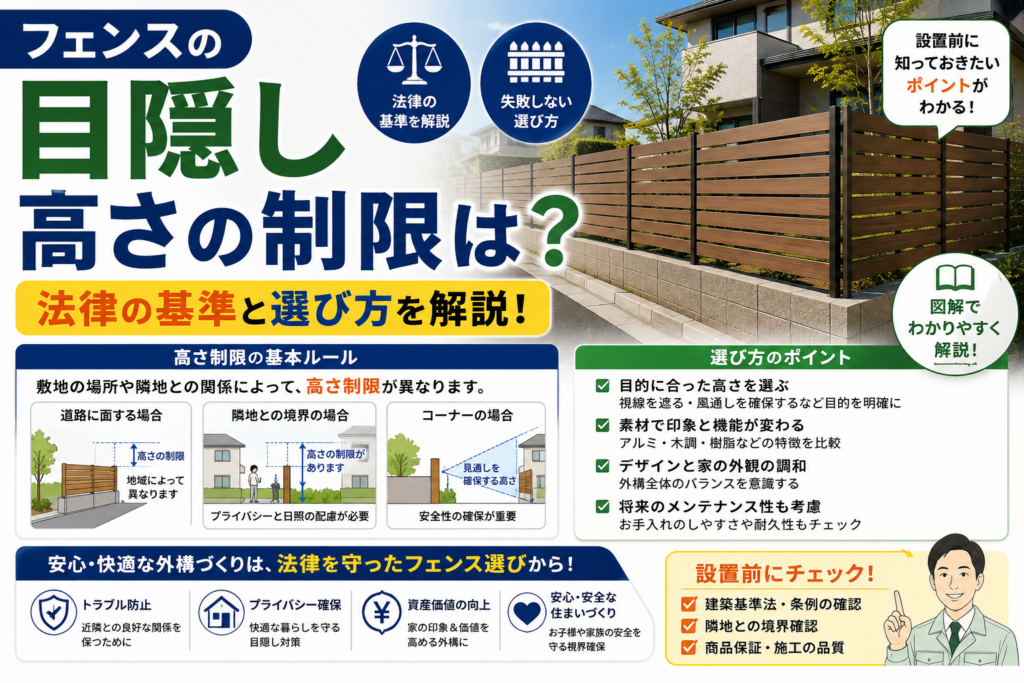 フェンスの目隠し、高さの制限は？法律の基準と選び方を解説