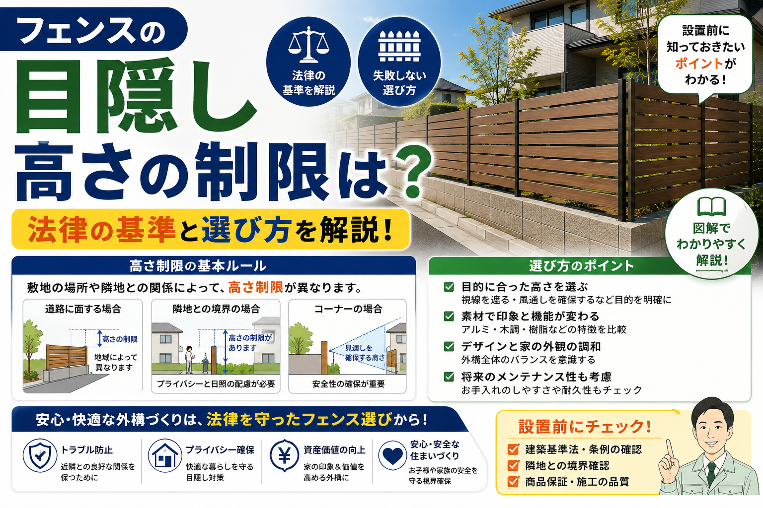 フェンスの目隠し、高さの制限は？法律の基準と選び方を解説