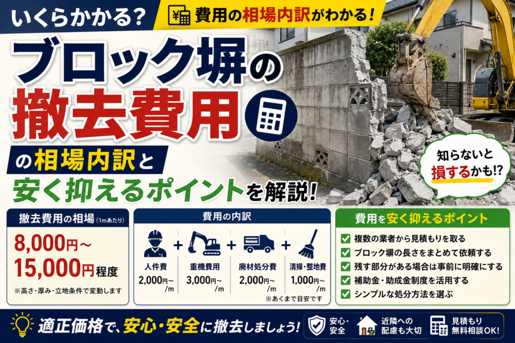 ブロック塀の撤去費用の相場内訳と安く抑えるポイントを解説