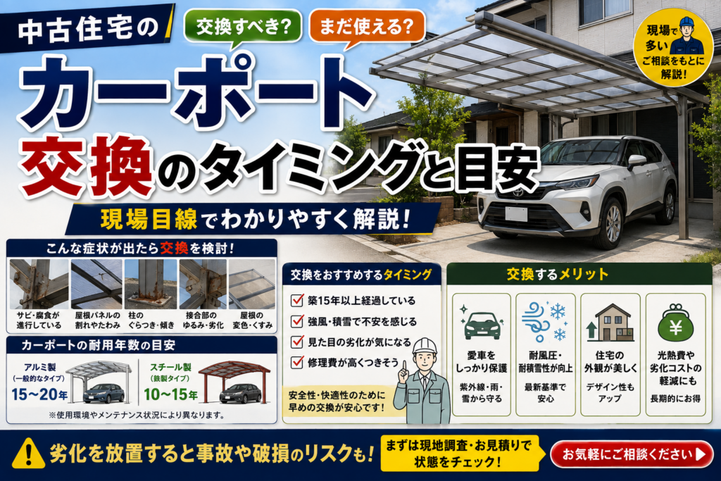 中古住宅のカーポート、交換のタイミングと目安【現場目線で解説】