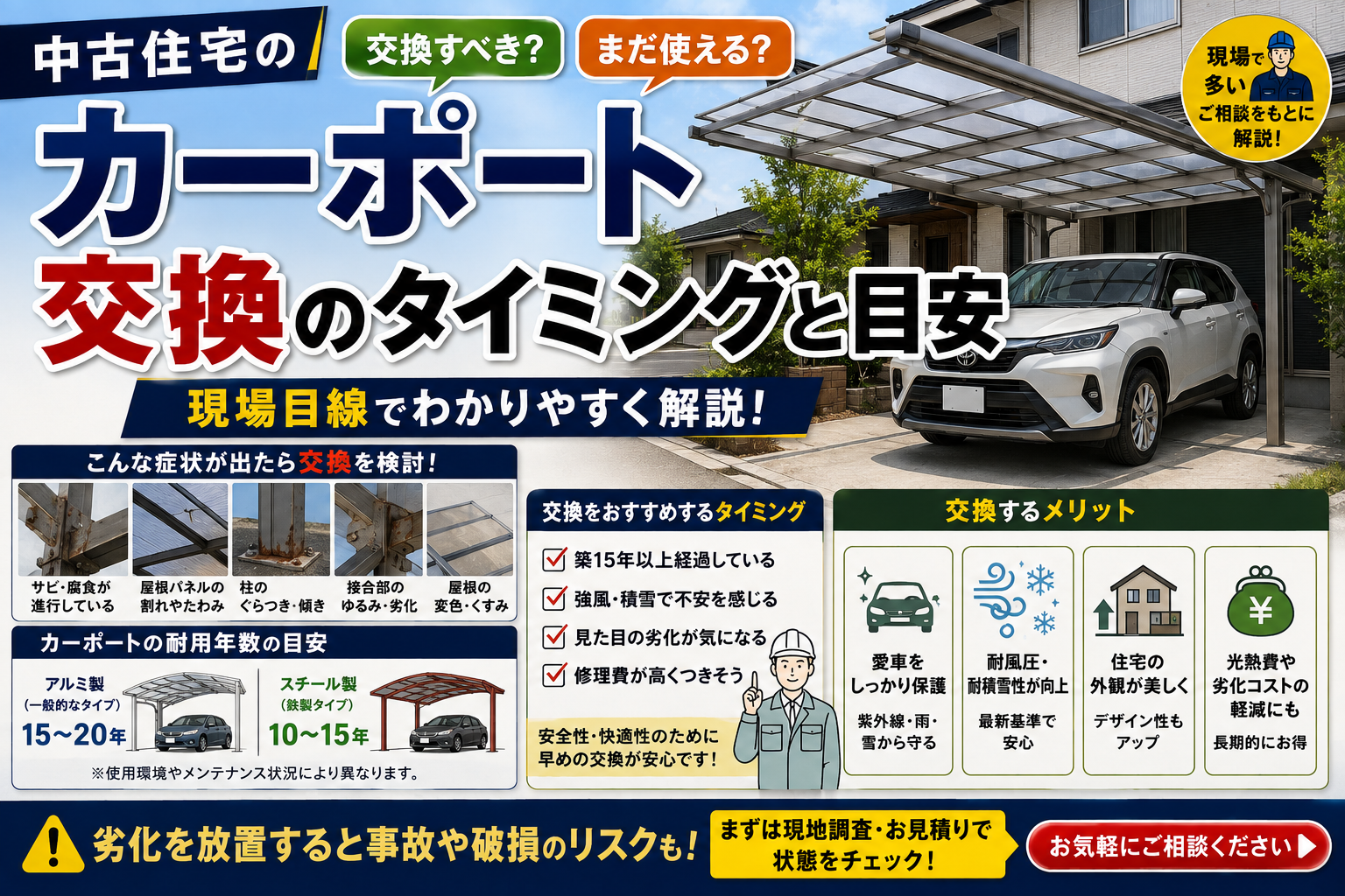 中古住宅のカーポート、交換のタイミングと目安【現場目線で解説】