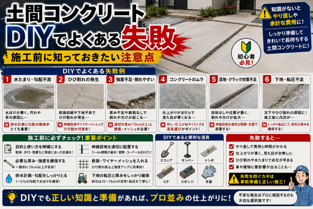 土間コンクリートDIYでよくある失敗-施工前に知っておきたい注意点