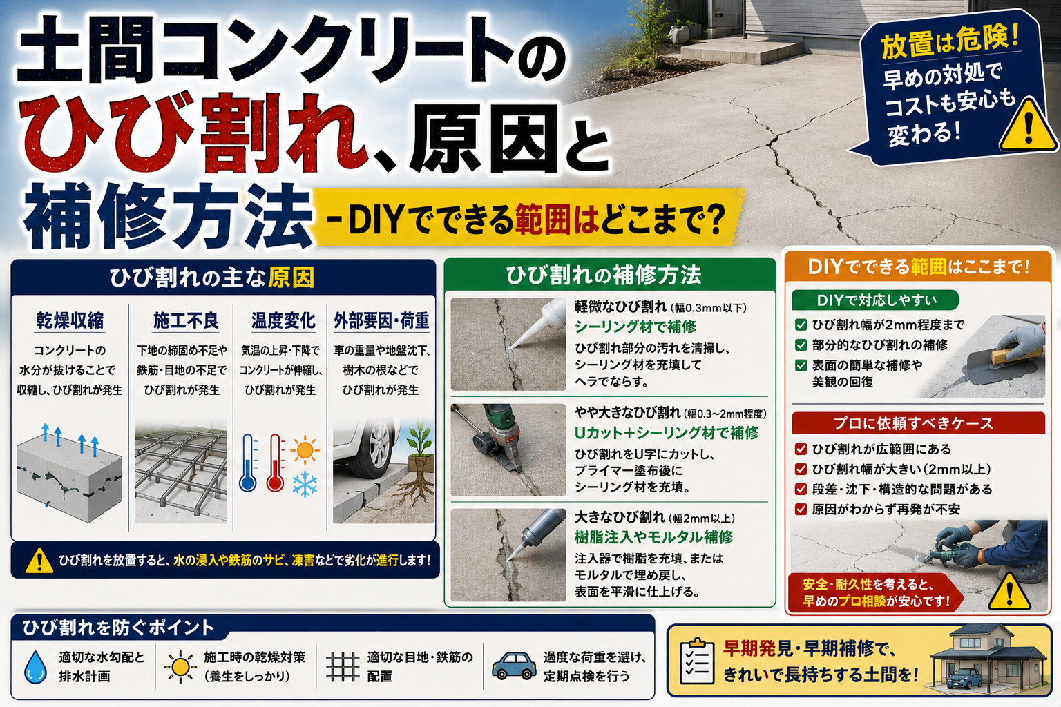 土間コンクリートのひび割れ、原因と補修方法-DIYでできる範囲はどこまで？