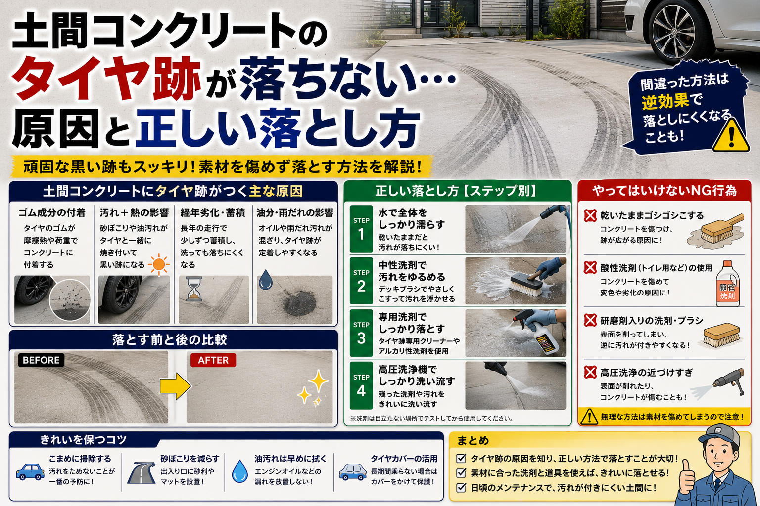 土間コンクリートのタイヤ跡が落ちない-原因と正しい落とし方