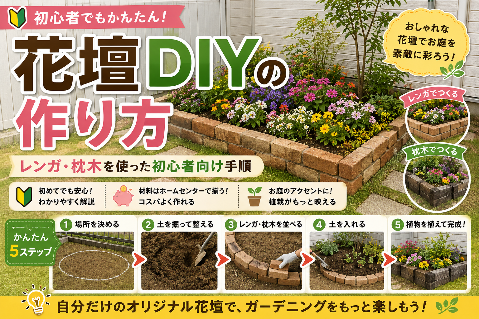 花壇DIYの作り方-レンガ・枕木を使った初心者向け手順
