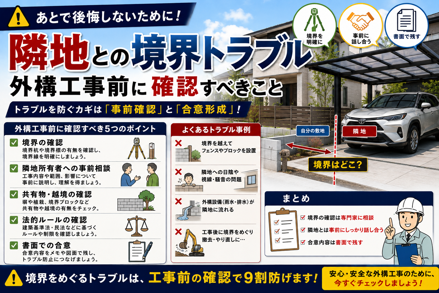 隣地との境界トラブル、外構工事前に確認すべきこと
