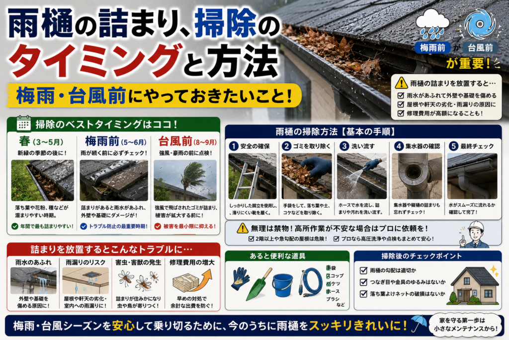 雨樋の詰まり、掃除のタイミングと方法-梅雨・台風前にやっておきたいこと