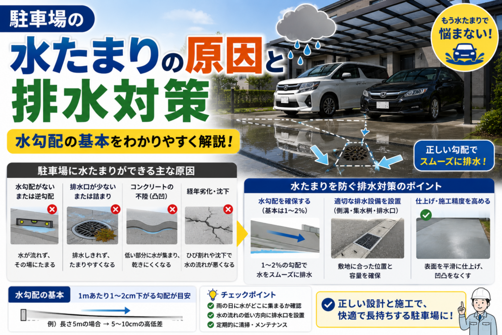 駐車場の水たまりの原因と排水対策水勾配の基本を解説
