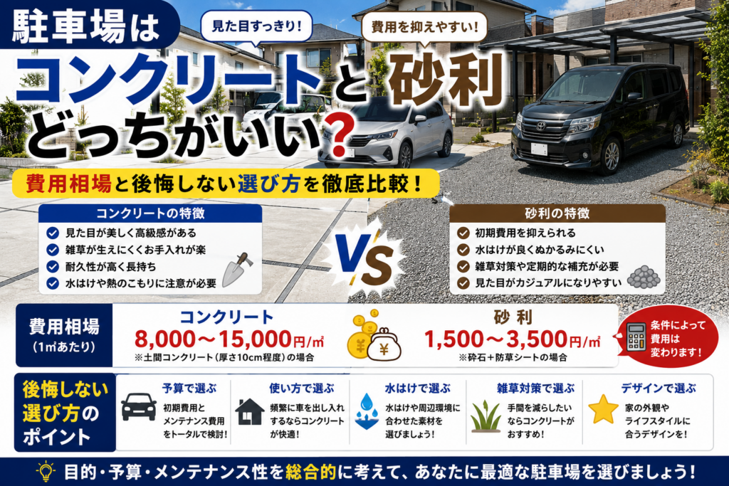 駐車場はコンクリートと砂利どっちがいい？費用相場と後悔しない選び方を徹底比較