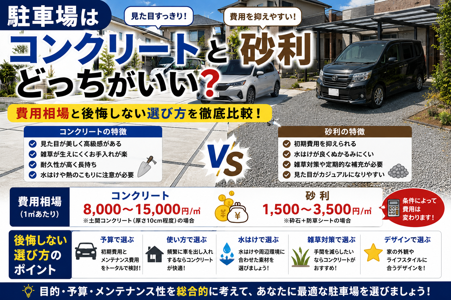駐車場はコンクリートと砂利どっちがいい？費用相場と後悔しない選び方を徹底比較